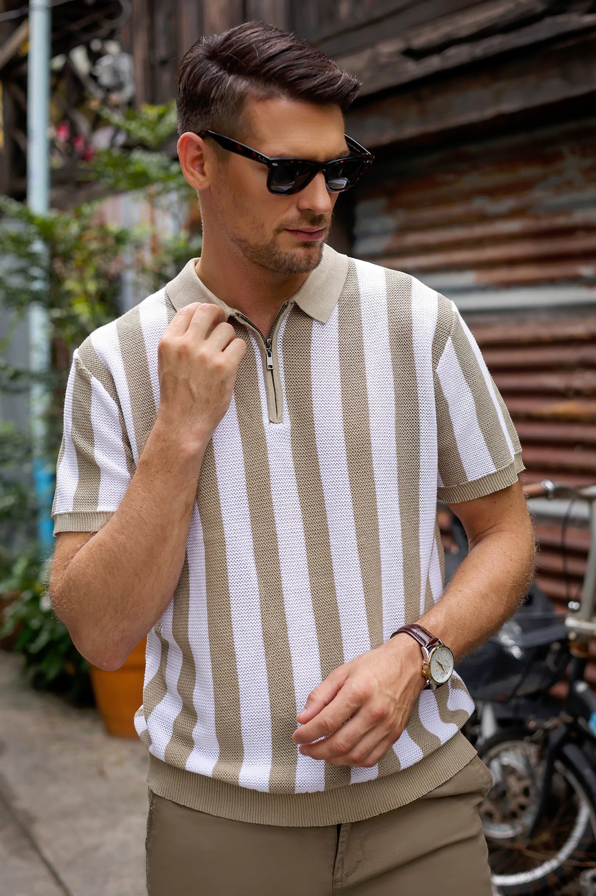 Men's Fawn Striped Flat Knit Polo – Premium Casual Knitwear