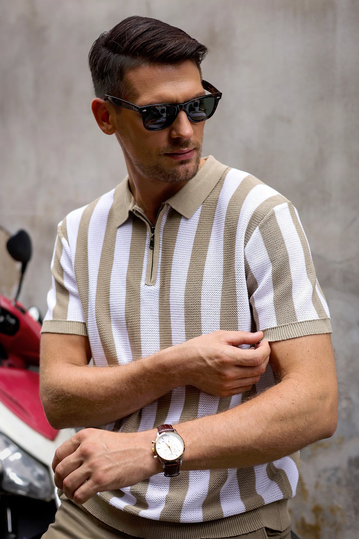Men's Fawn Striped Flat Knit Polo – Premium Casual Knitwear